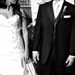 Calgary Wedding Photographer | Bride and Groom in Alley Black and white