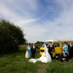 Calgary wedding photographer | Drumheller Wedding | Farm yard | Yellow VW van bridal party formal picture