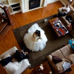 Calgary wedding photographer | Drumheller Wedding | Farm yard | Top view of bride sitting in the middle of a room